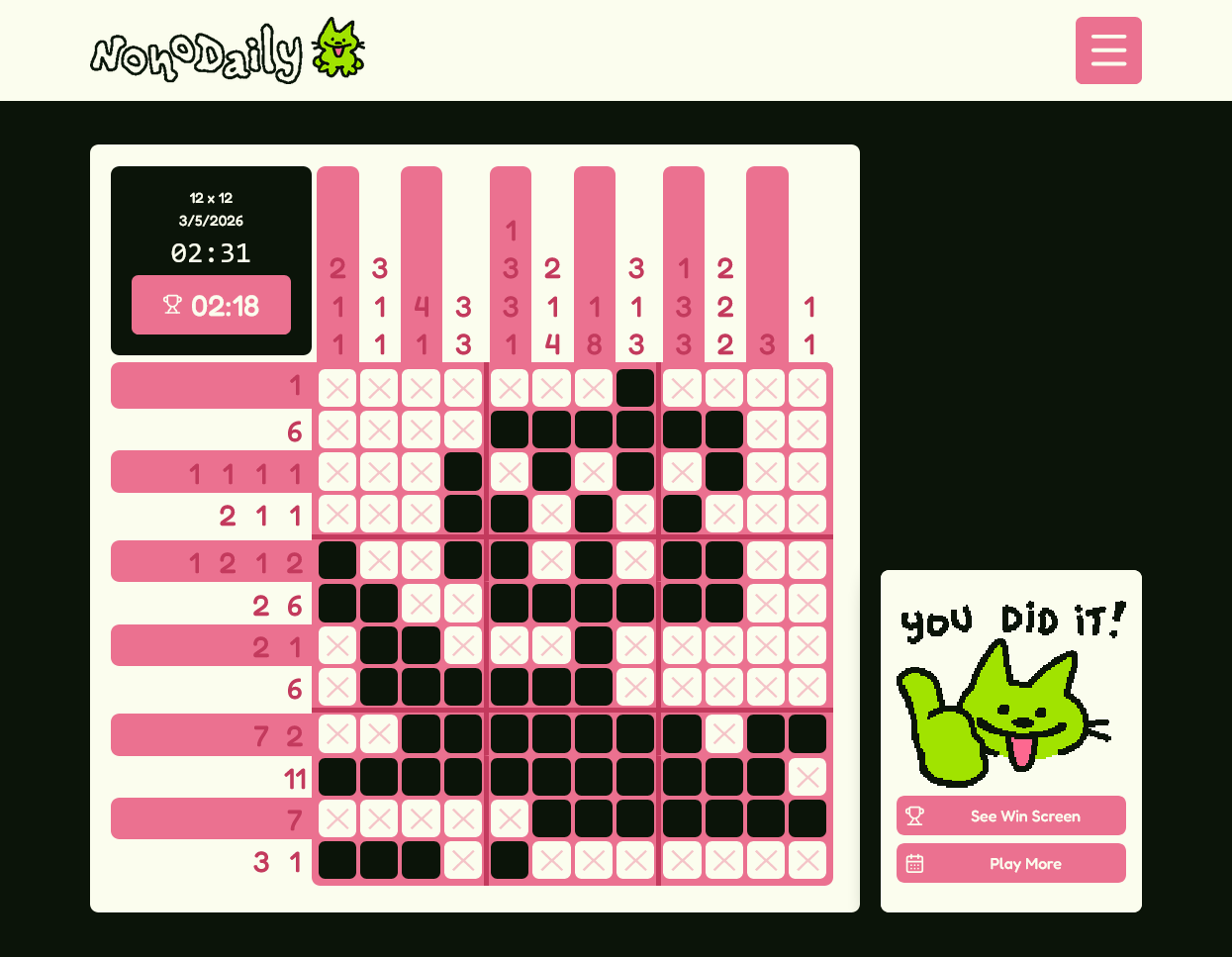 A solved Nonogram puzzle of a viking ship.